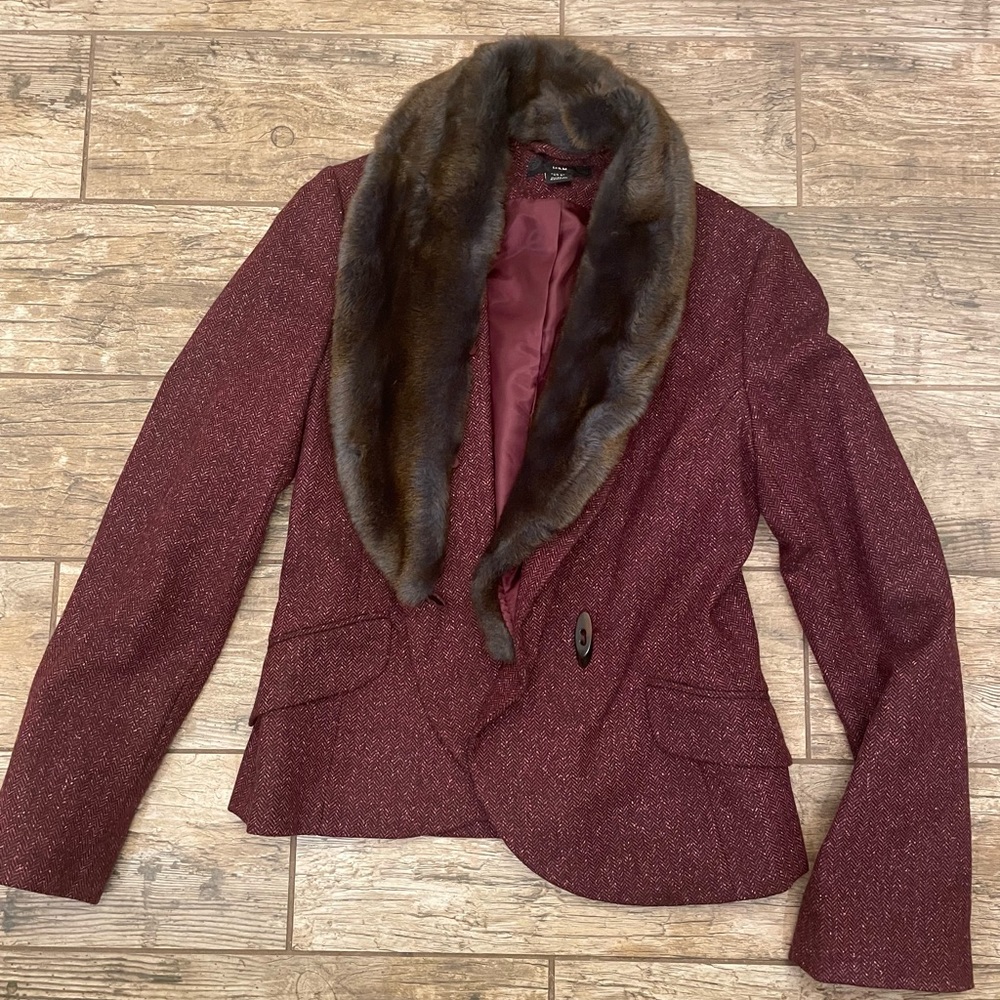H&M plum tweed blazer with removable faux fur collar size 6
